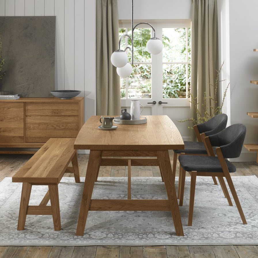 Oak Dining Table Set 2 Grey Fabric Side Chairs and Oak Bench
