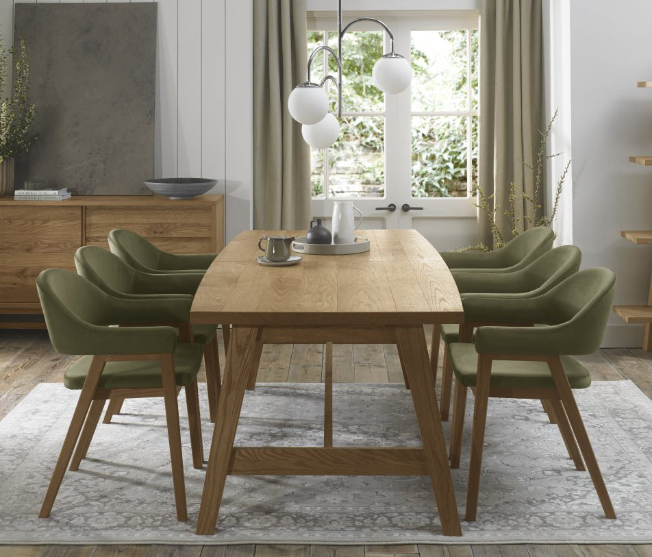 Rustic Oak Table Set 6 Green Velvet Fabric Oak Arm Chairs