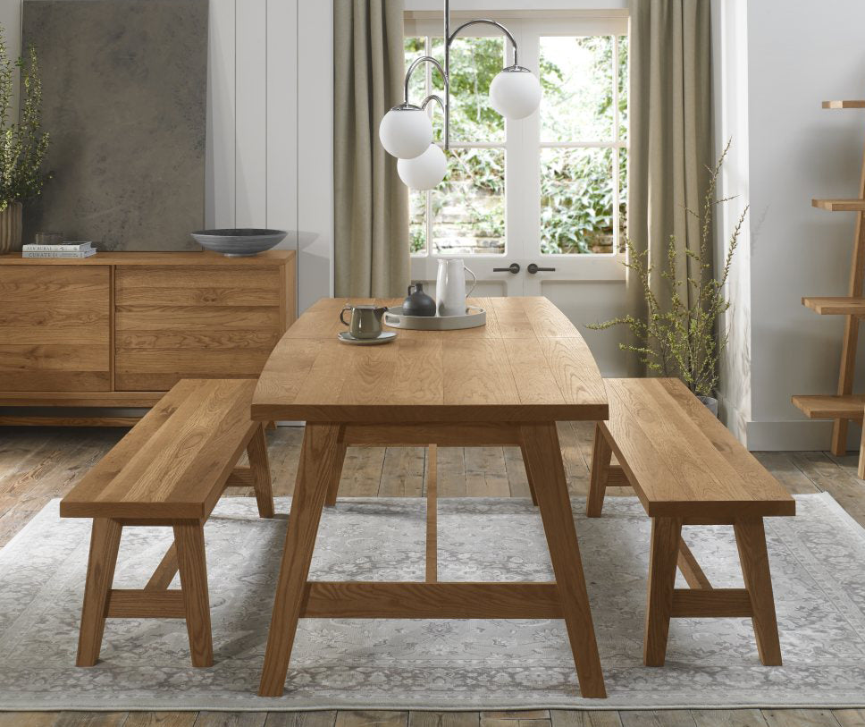 Large Rustic Oak Dining Table Set with 2 Oak Benches
