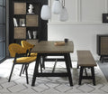 Weathered oak dining set by Bentley Designs with a table, two side chairs, and a matching bench in a rustic style.