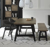 Weathered Oak dining table set with two grey fabric chairs and a matching bench by Bentley Designs, showcasing a sturdy, stylish furniture set.
