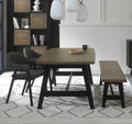 Weathered Oak dining table set with two grey fabric chairs and a matching bench by Bentley Designs, showcasing a sturdy, stylish furniture set.