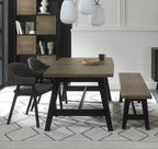 Weathered Oak dining table set with two grey fabric chairs and a matching bench by Bentley Designs, showcasing a sturdy, stylish furniture set.