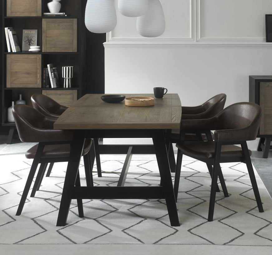 Weathered Oak Dining Table Set 4 Dark Grey Fabric Arm Chairs
