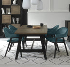 Weathered Oak Dining Table Set 4 Blue Velvet Arm Chairs