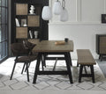 Weathered oak dining table set with two brown chairs and a small bench by Bentley Designs, showing the rustic table and seating.