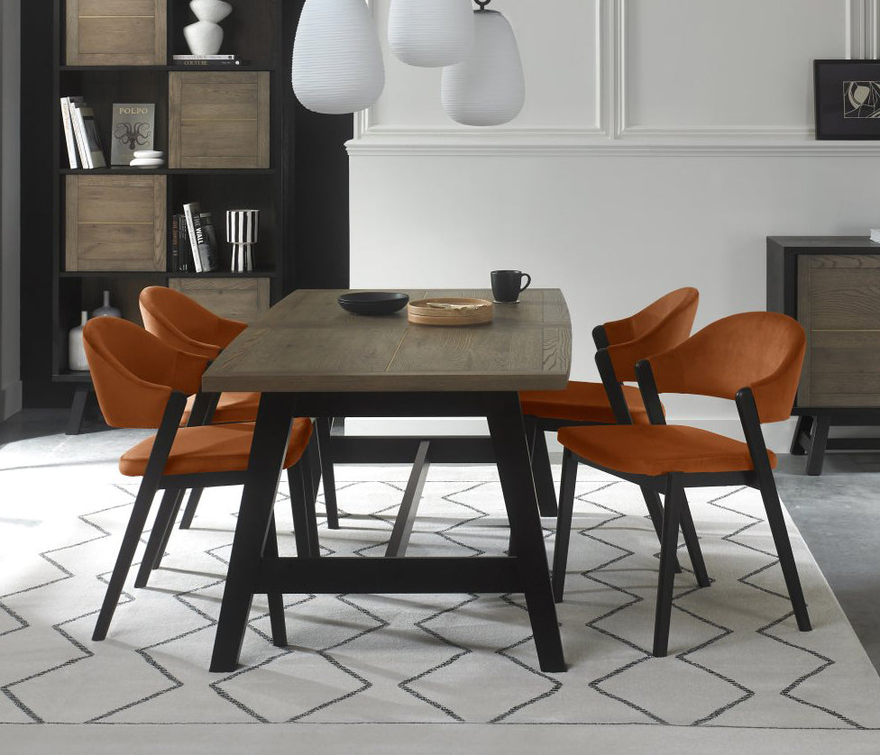 Weathered Oak Dining Table Set 4 Orange Velvet Side Chairs
