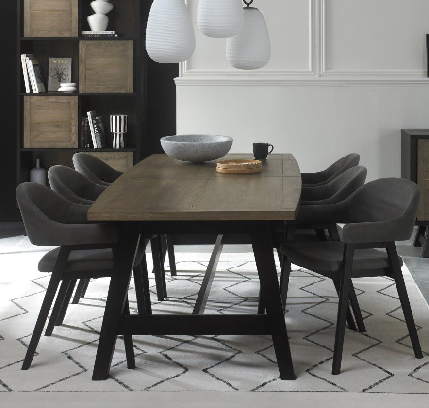 Weathered Oak Ext. Dining Table 6 Dark Grey Velvet Chairs Set