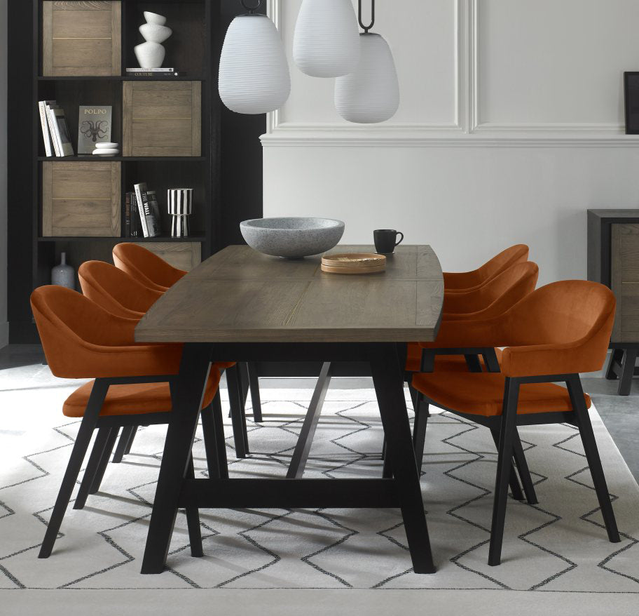 Weathered Oak Ext. Dining Table 6 Orange Velvet Chairs Set
