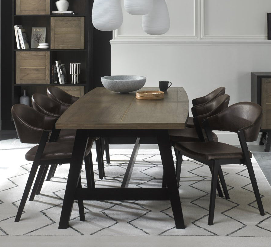 Weathered Oak Dining Table Set 6 Grey Fabric Side Chairs