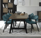 Weathered Oak Dining Table Set 6 Blue Velvet Side Chairs