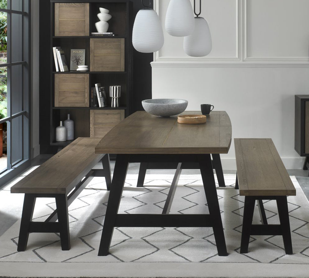 Weathered Oak Extending Dining Table Set 2 Large Benches