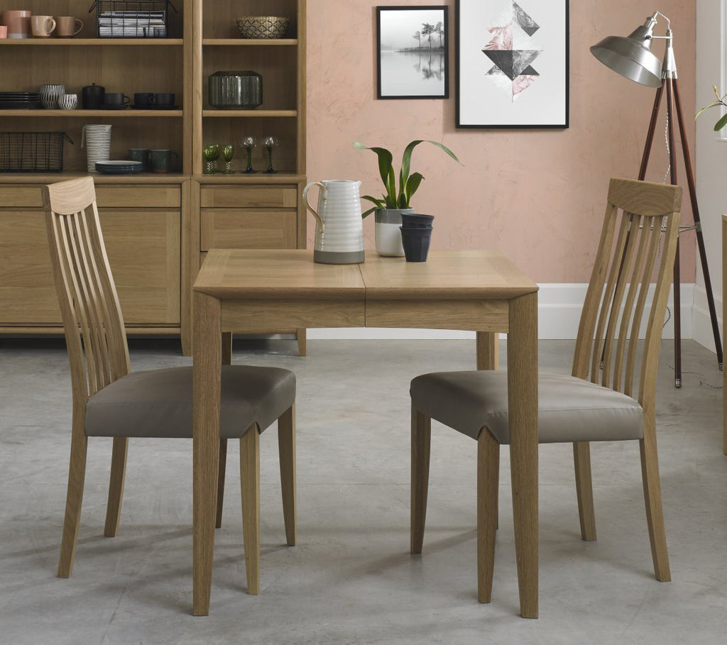 Oak Small Dining Table Set 2 Slat Back Grey Leather Chairs