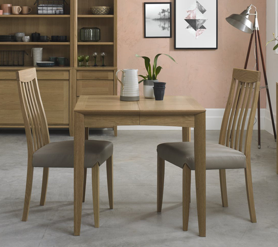 Oak Small Dining Table Set 2 Slat Back Grey Leather Chairs