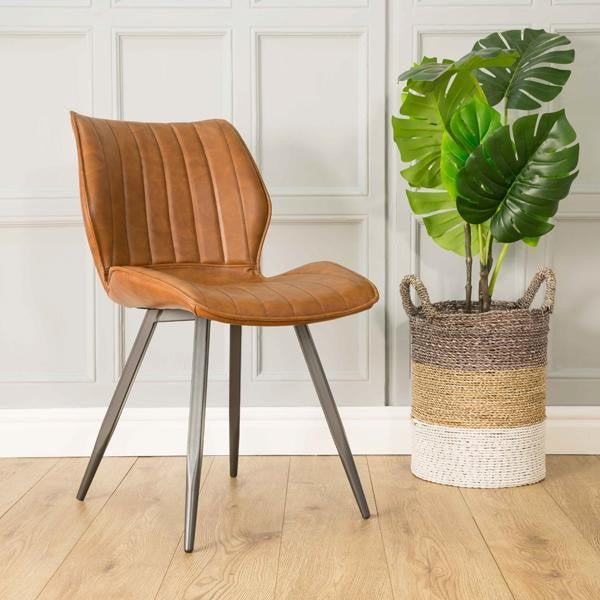 New London Ribbed Dining Chair Vegan Leather Tan SET OF 2 - Home Furniture Interiors