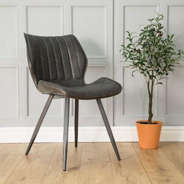 New London Ribbed Dining Chair Vegan Leather Grey SET OF 2 - Home Furniture Interiors