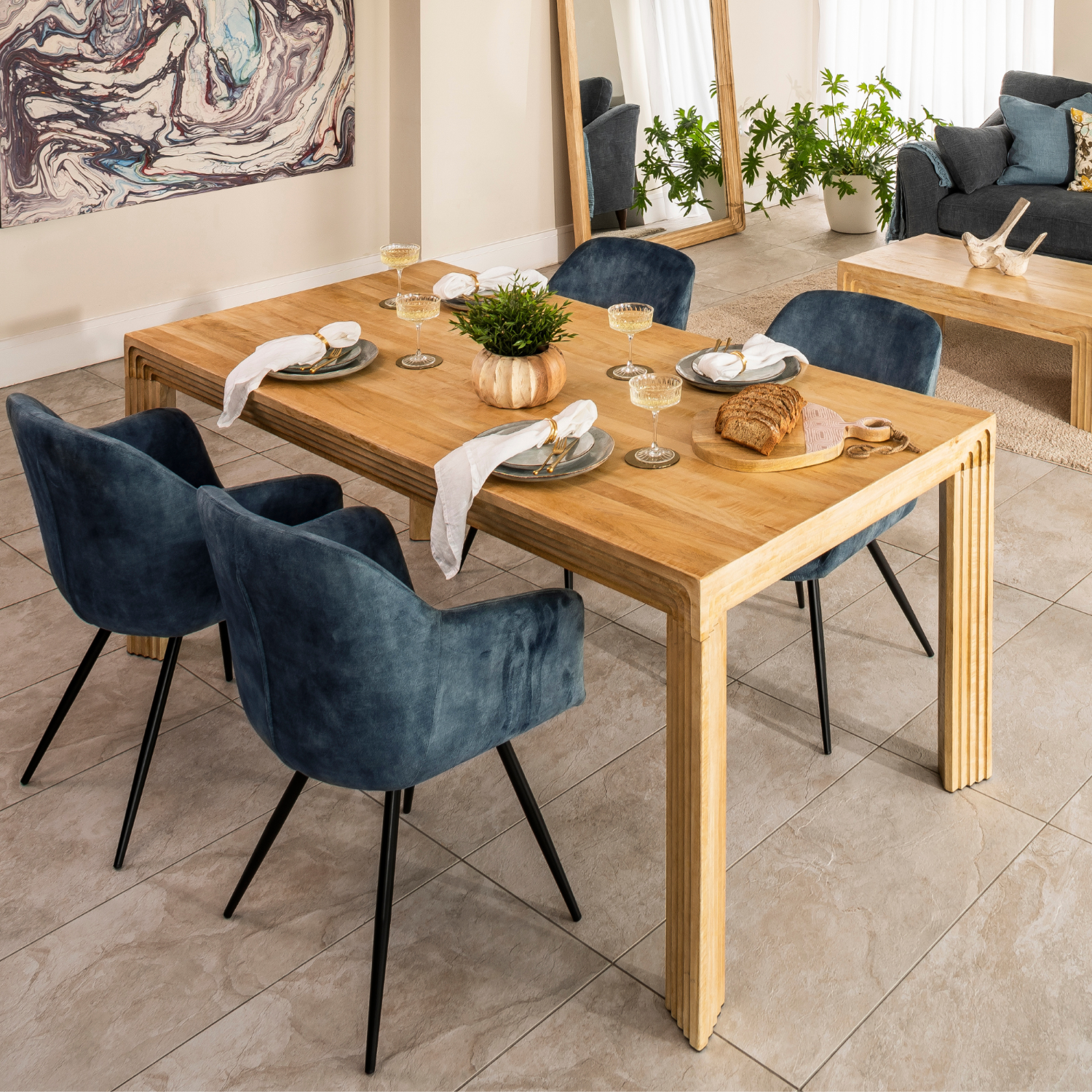 Modern Brass Finish Mango Wood 6 Seater Rectangular Dining Table