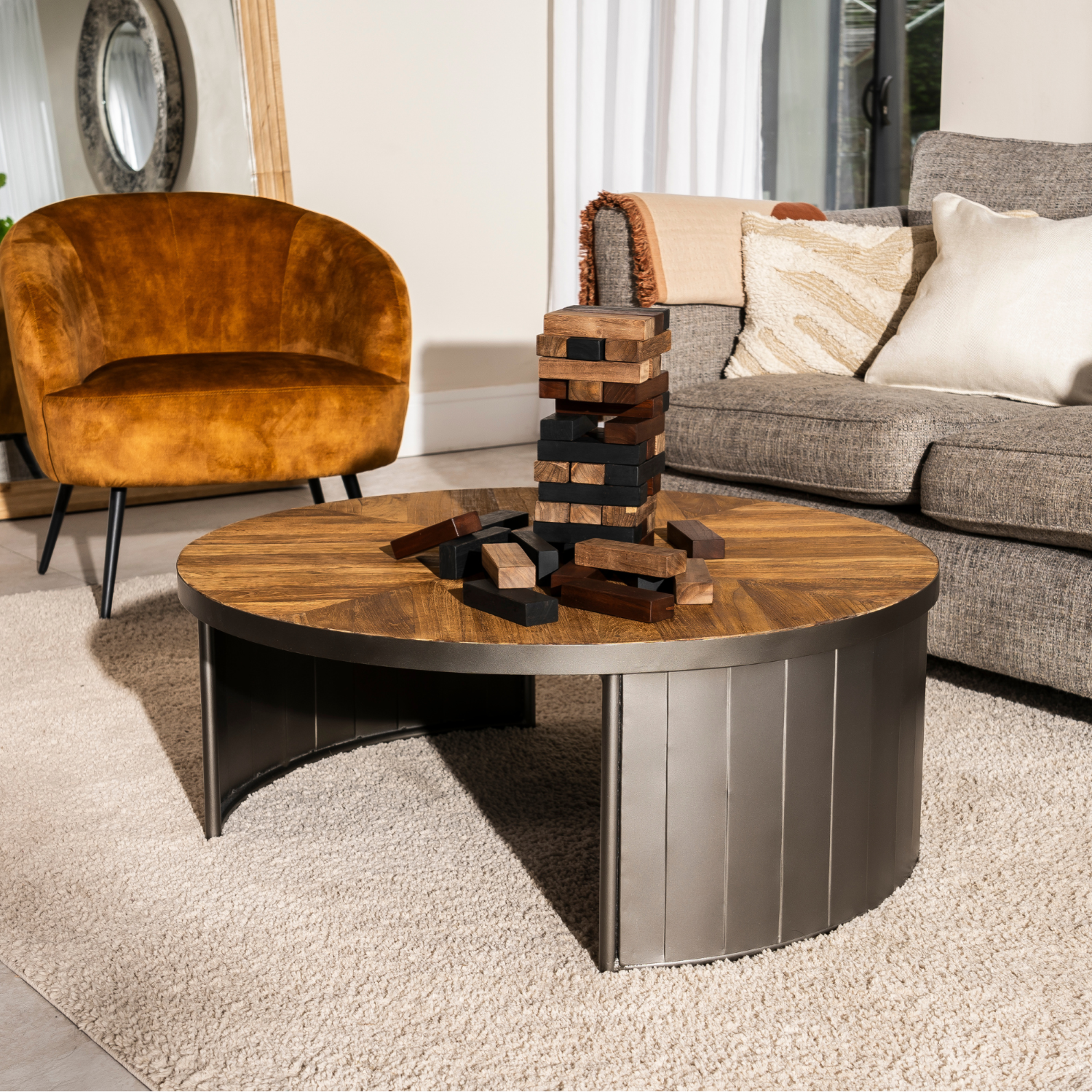 Industrial Round Rustic Village Wood Coffee Table with Pleated Metal Base