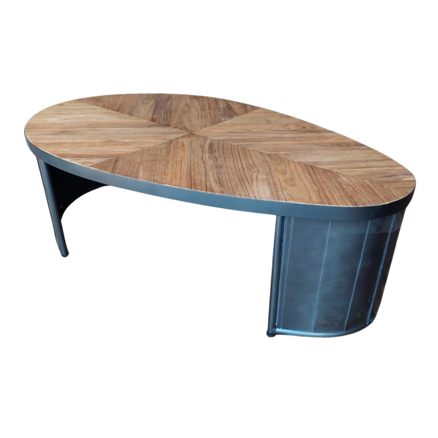 Modern Oval Recycled Wood Coffee Table with Pleated Metal Base