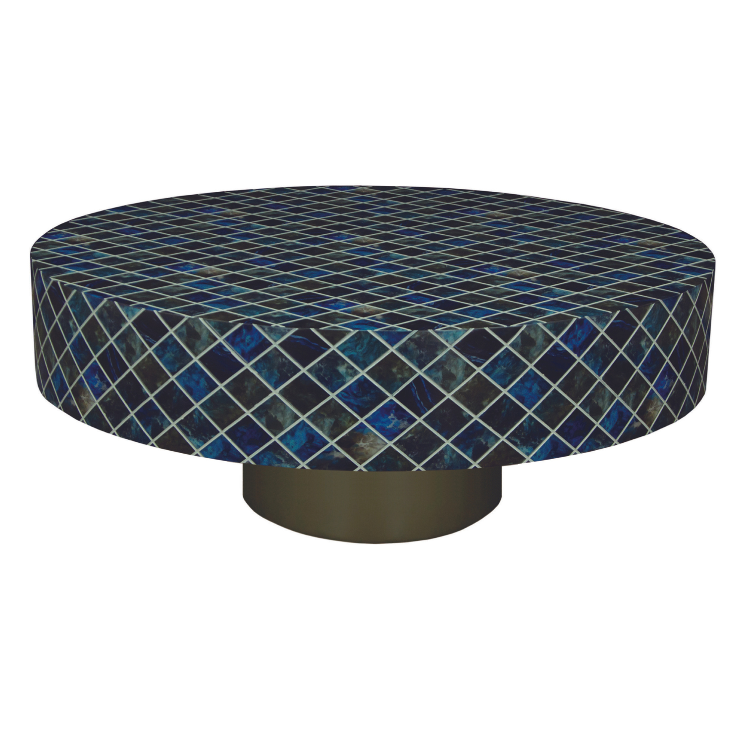 Blue Mosaic Polymer Concrete Round Coffee Table with Antique Gold Base