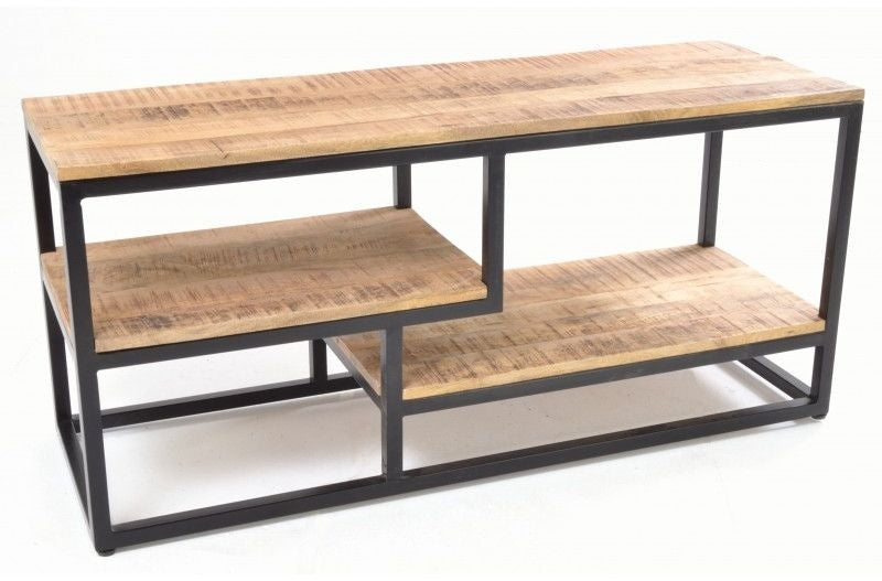 Industrial Brown Mango Wood Metal Media Unit with Open Shelves