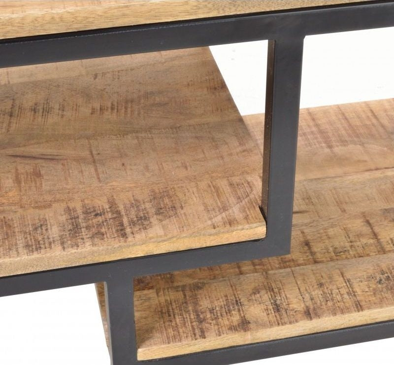 Industrial Brown Mango Wood Metal Media Unit with Open Shelves