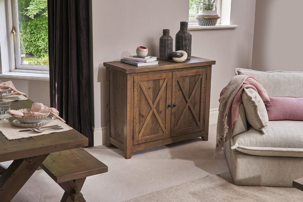 Rustic Pine Wood Small Sideboard with Cross Panel Doors