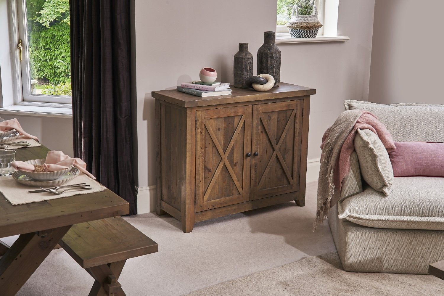Rustic Pine Wood Small Sideboard with Cross Panel Doors