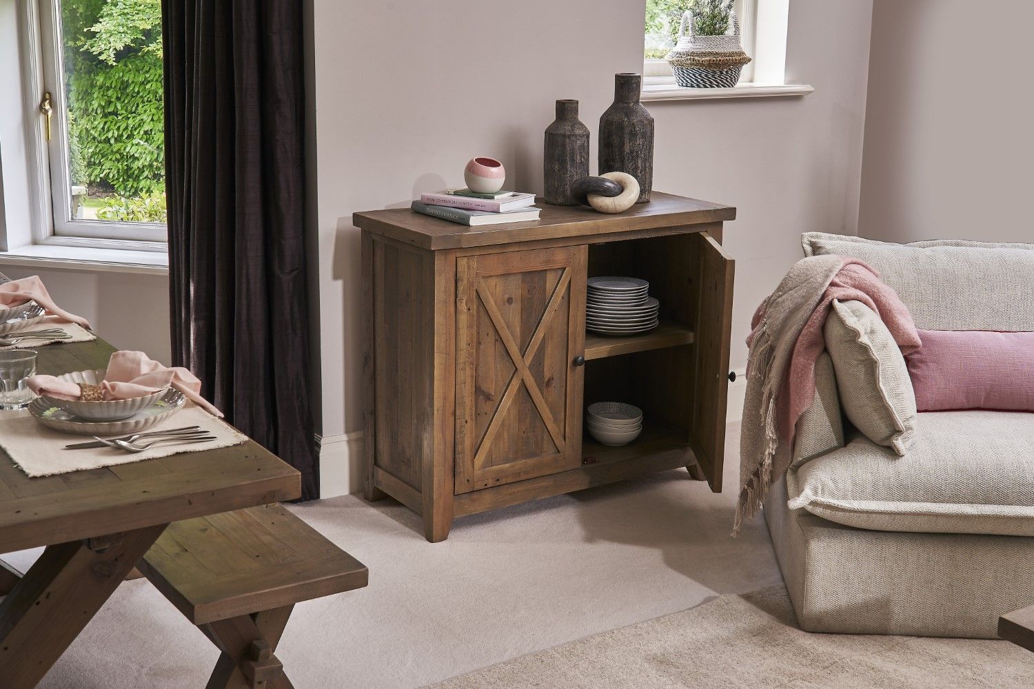 Rustic Pine Wood Small Sideboard with Cross Panel Doors