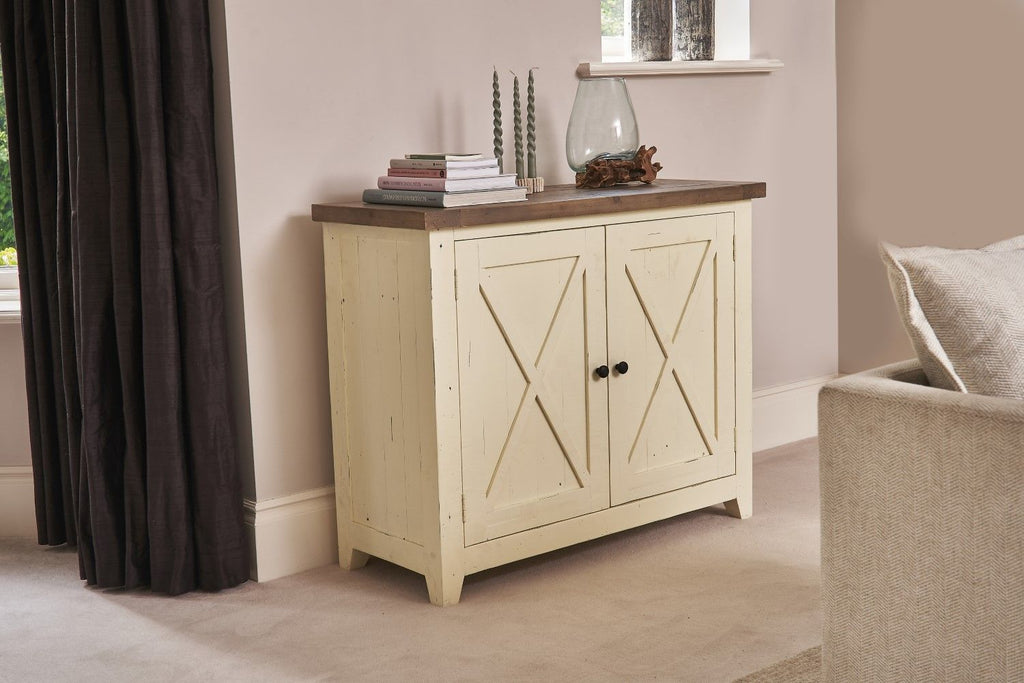 White Solid Pine 2 Door Sideboard with Distressed Matt Lacquer Finish