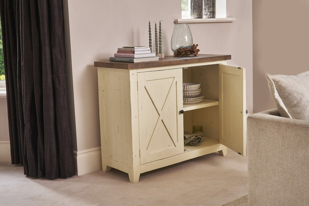 White Solid Pine 2 Door Sideboard with Distressed Matt Lacquer Finish