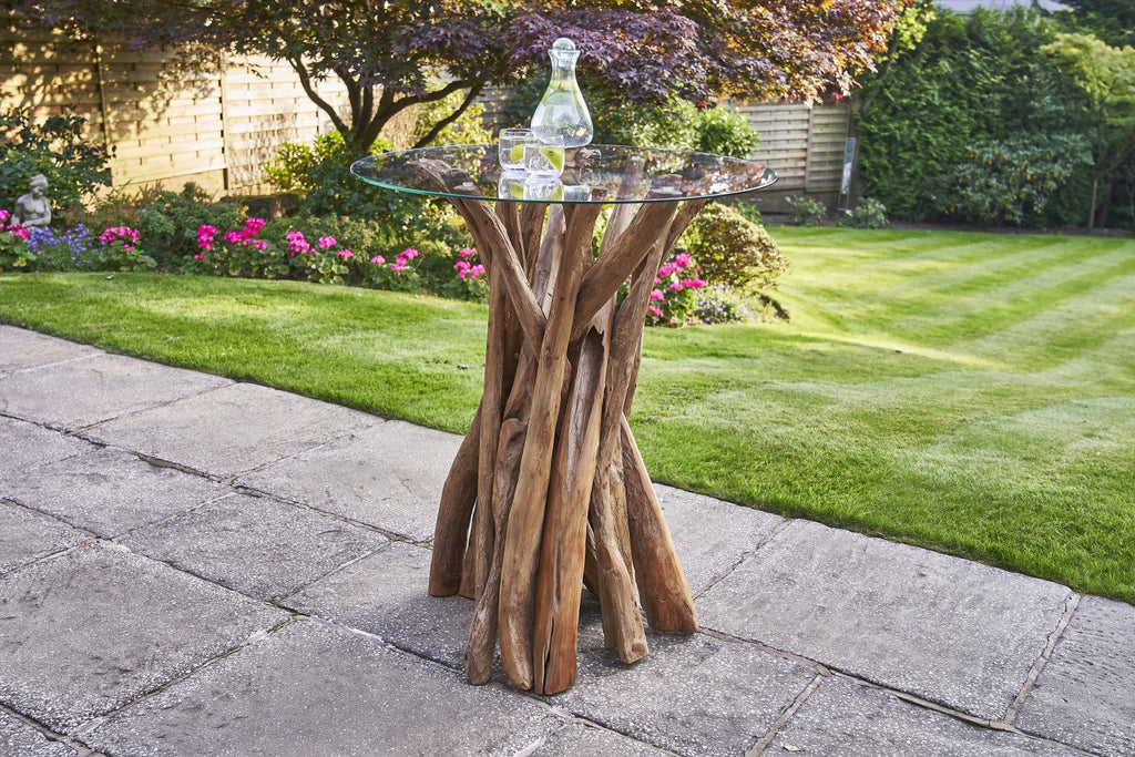 Natural Reclaimed Teak Root Round Bar Table with Tempered Glass Top