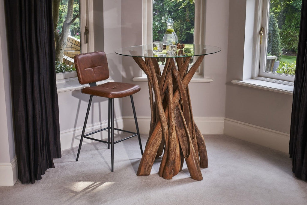 Natural Reclaimed Teak Root Round Bar Table with Tempered Glass Top