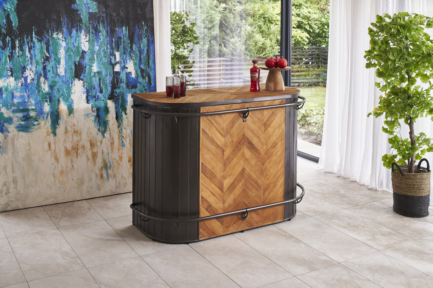 Industrial Style Dark Grey Recycled Wood Home Bar Unit