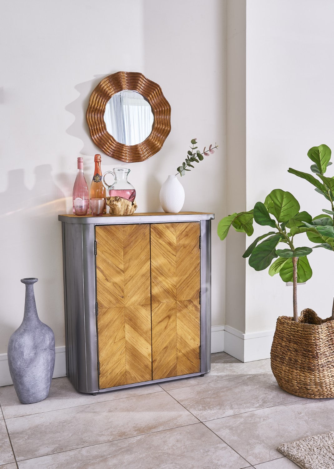Modern Metal Framed Chevron Wood 2 Door Drinks Cabinet
