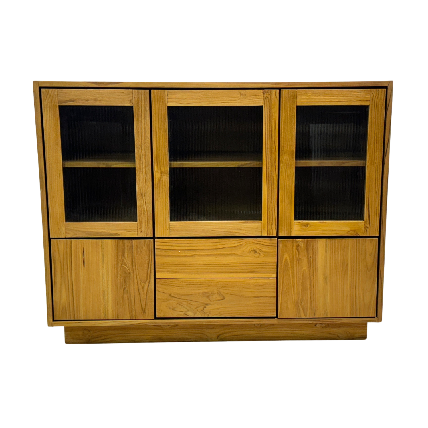 Modern Natural Teak Ribbed 3 Glass Door Sideboard with Internal Shelves