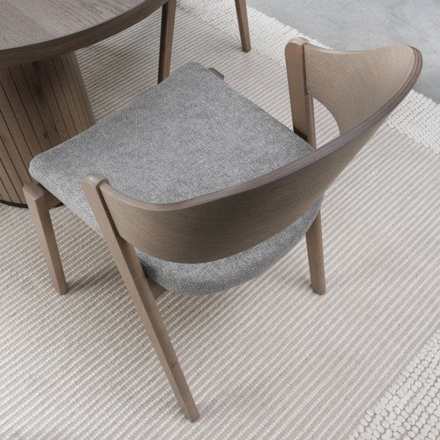 Grey Oiled Oak Carved Back Dining Chair Grey Fabric Seat - Home Furniture Interiors