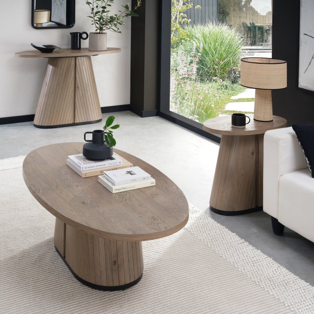 Grey Oiled Oak Oval Coffee Table With Peppercorn Legs - Home Furniture Interiors
