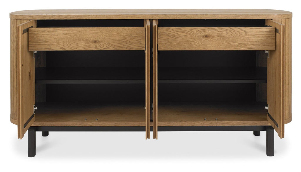 Rustic Oak Slatted Rounded Wide Sideboard Peppercorn Black Legs - Home Furniture Interiors