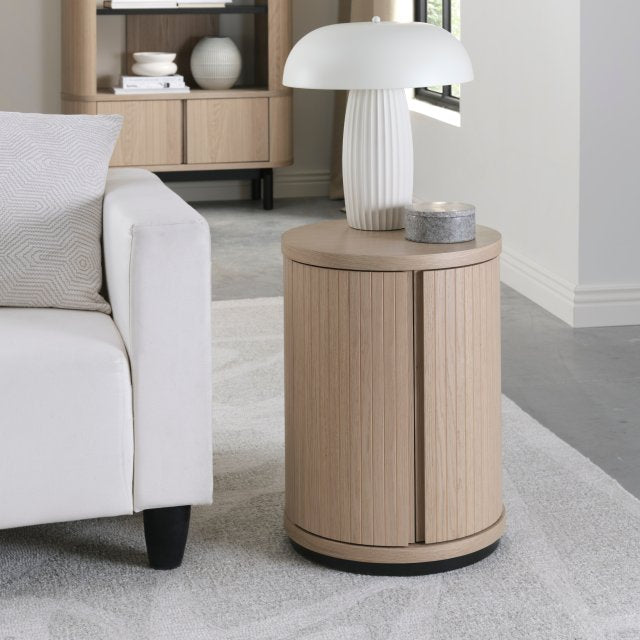Light Oak Round Drum Shaped Lamp Table Peppercorn Base