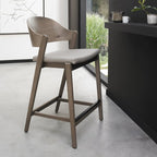 Grey Bonded Leather Curved Bar Stool Oiled Oak Frame