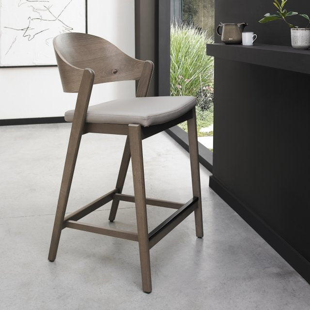 Grey Bonded Leather Curved Bar Stool Oiled Oak Frame