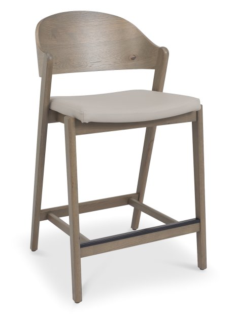 Grey Bonded Leather Curved Bar Stool Oiled Oak Frame - Home Furniture Interiors
