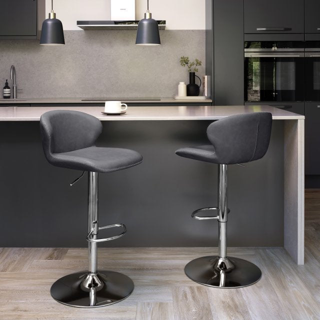 Dark Grey Leather Effect Swivel Barstool Chrome Base - Home Furniture Interiors