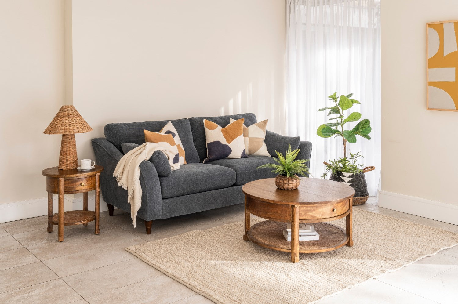 Rustic Mango Wood Round Coffee Table with Drawer and Shelf