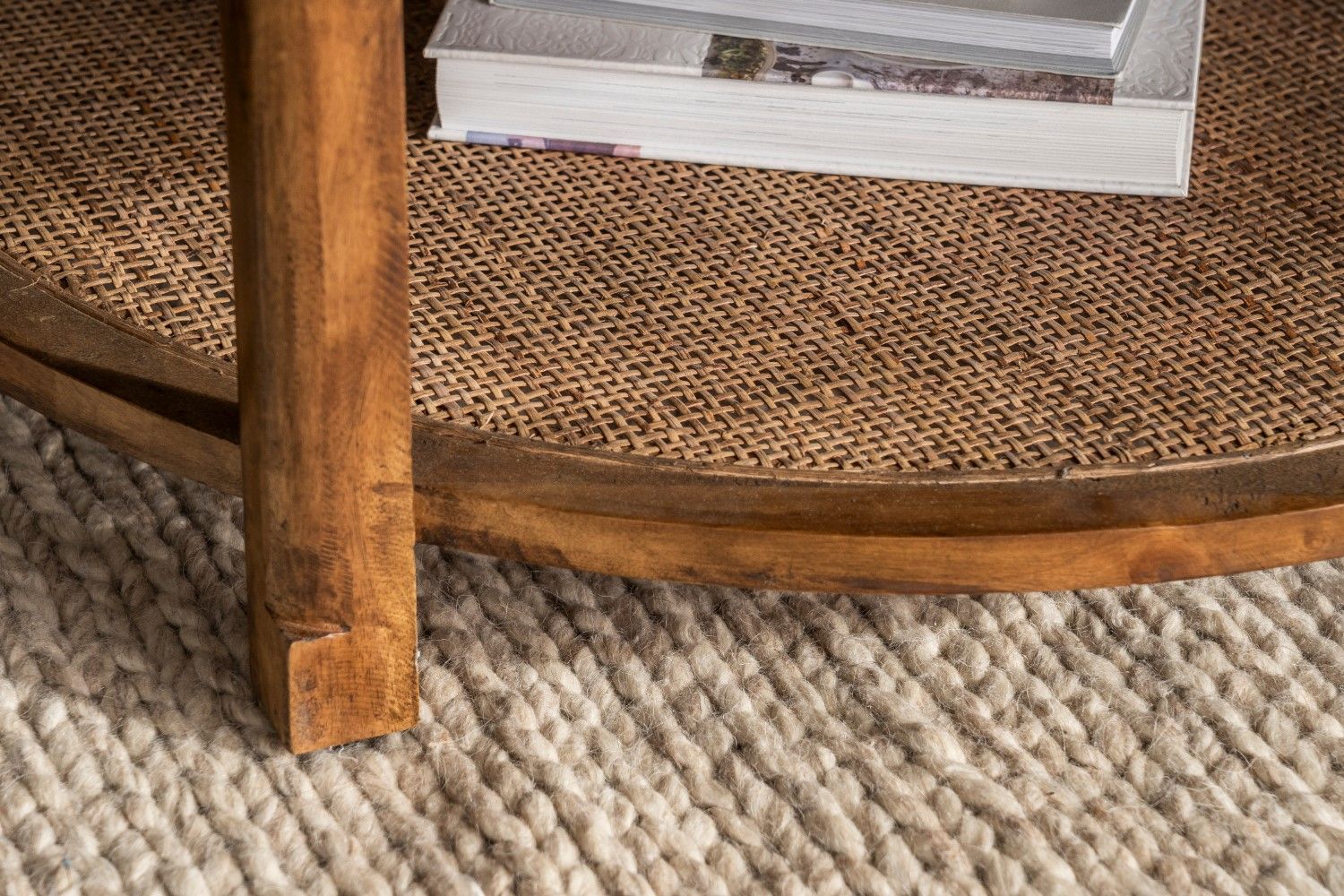Rustic Mango Wood Round Coffee Table with Drawer and Shelf