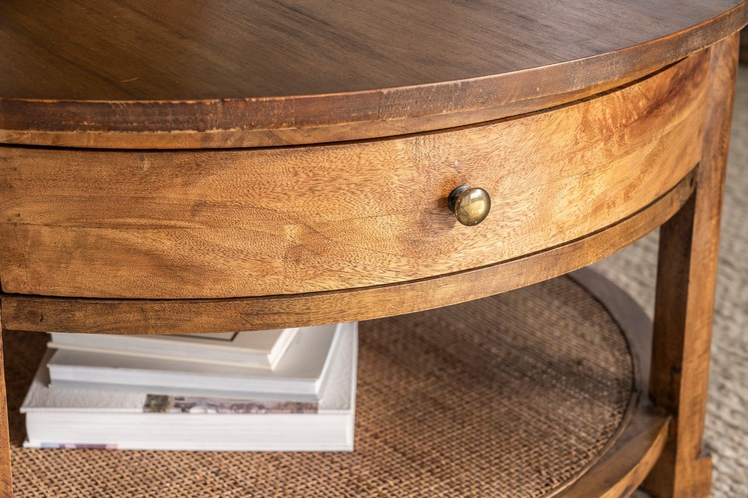 Rustic Mango Wood Round Coffee Table with Drawer and Shelf