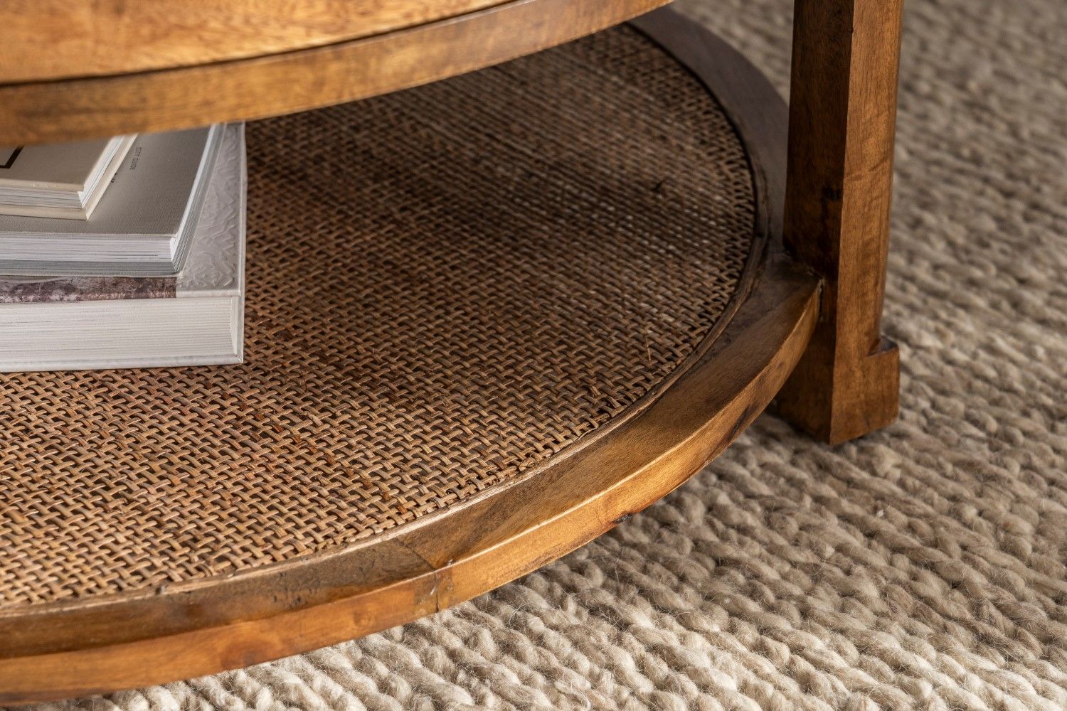 Rustic Mango Wood Round Coffee Table with Drawer and Shelf