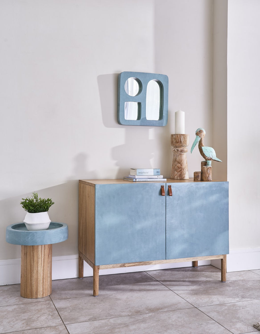 Aqua Blue Polymer Concrete and Natural Wood 2 Door Cabinet