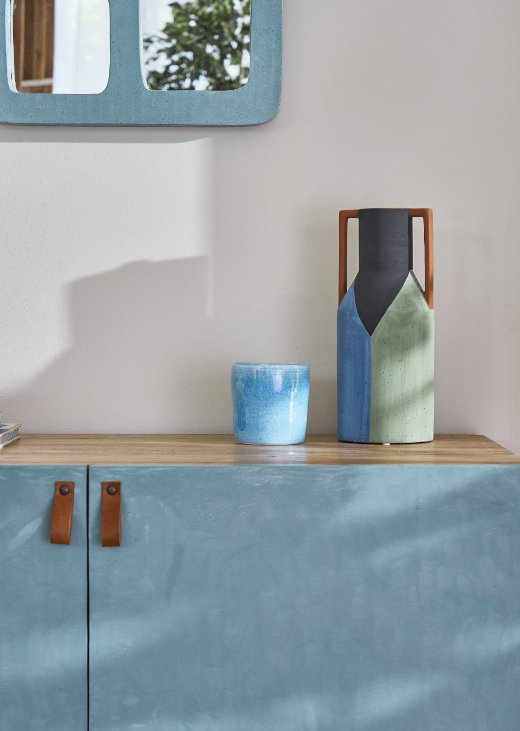 Aqua Blue Polymer Concrete and Natural Wood 2 Door Cabinet